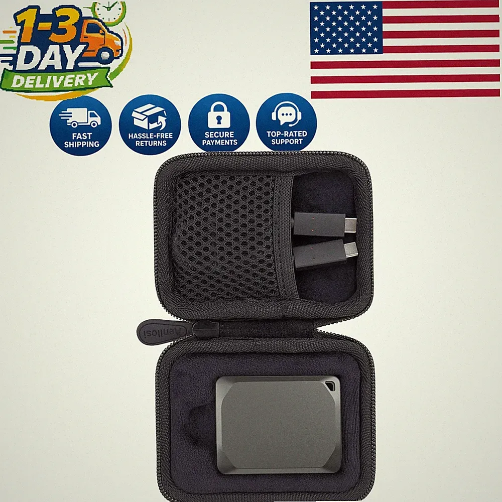 Water-Resistant Hard Case for Crucial X9/X10 External SSD with Cable Organizer